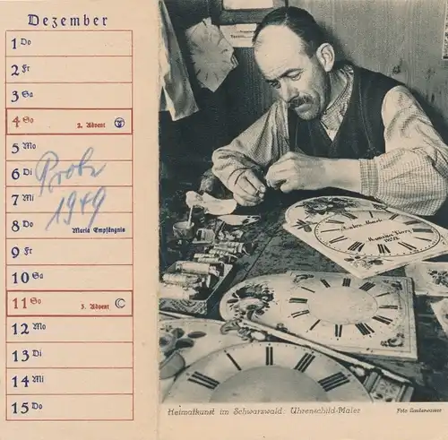 Ak Freiburg im Breisgau, Uhrenschild Maler im Schwarzwald, Kalender Dezember 1949