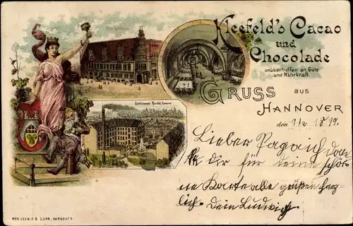 Litho Hannover in Niedersachsen, Kleefeld's Cacao und Chocolade, Reklame, Fabrik