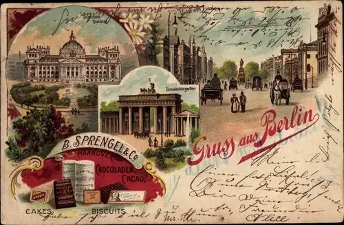 Litho Berlin Mitte, B. Sprengel Co. Hannover, Reklame, Brandenburger Tor, Reichstagsgebäude