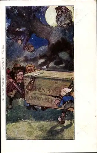 Ak Reklame, Stollwerck Gruppe 8, No. III, Zwerge mit Kiste, Eule