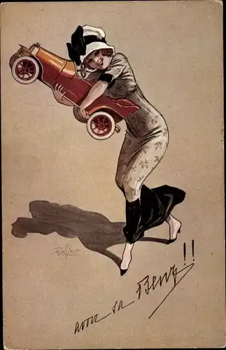 Künstler Ak Reklame, Mercedes Benz, Frau umarmt Automobil