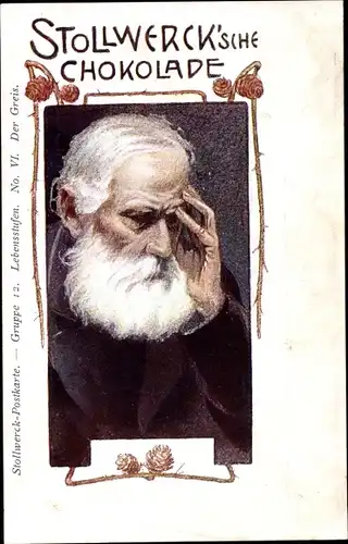 Jugendstil Ak Reklame, Stollwerck Gruppe 12, Lebensstufen No. VI, Der Greis