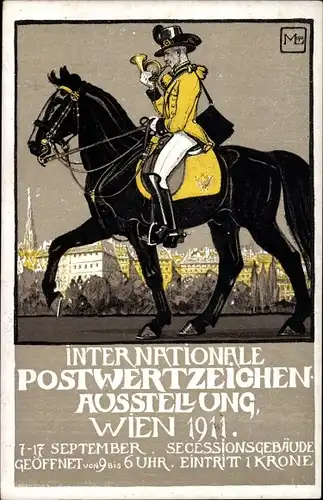 Künstler Ak Wien, Internationale Postwertzeichen Ausstellung 1911, Postbote auf Pferd