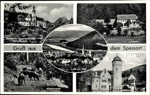 Ak Lohr im Spessart Unterfranken, Lichtenau, Schloss Mespelbrunn, Kapuzinerkloster Maria Buchen