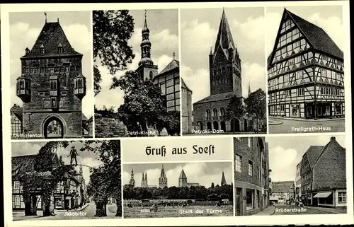Ak Soest in Nordrhein Westfalen, Petri Kirche, Osthofentor, Jakobitor, Freiligrathhaus, Brüderstraße