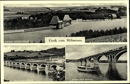 Ak Möhnesee in Westfalen, Möhnetalsperre, Sperrmauer, Delecker Brücke, Körbecker Brücke