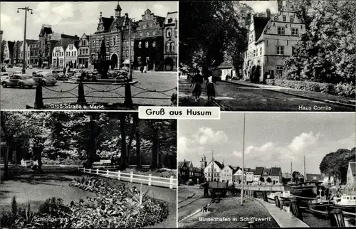 Ak Husum in Nordfriesland, Großstraße, Markt, Haus Cornils, Schlossgarten, Binnenhafen, Schiffswerft