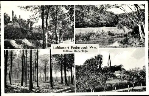 Ak Puderbach im Westerwald, Landschaft, Kirche, Ruine