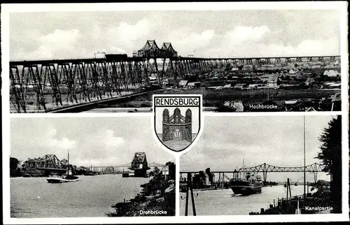 Ak Rendsburg in Schleswig Holstein, Hochbrücke, Drehbrücke, Kanalpartie, Wappen, Lastkahn
