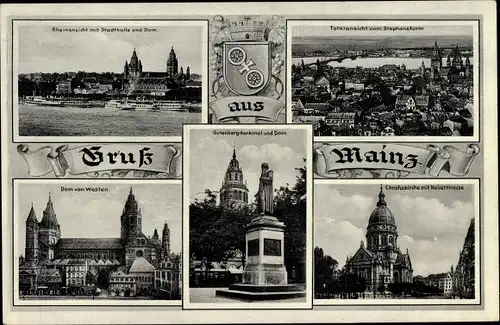 Ak Mainz am Rhein, Rhein, Dom, Stephansturm, Gutenberg-Denkmal