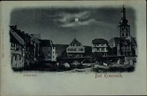 Mondschein Ak Bad Kreuznach in Rheinland Pfalz, Nahebrücke