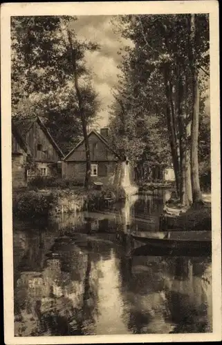 Ak Lehde Lübbenau im Spreewald, Einfahrt, Häuser, Kahn