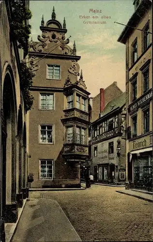 Ak Mainz in Rheinland Pfalz, Erker am alten Gymnasium, Fischhandlung und Restauration