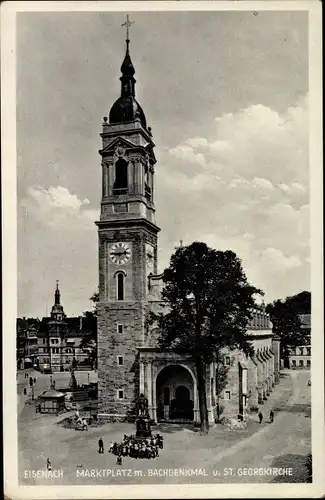 Ak Lutherstadt Eisenach in Thüringen, Marktplatz, Bachdenkmal, St. Georgkirche