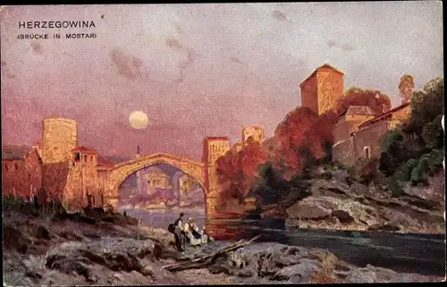 Ak Mostar Bosnien Herzegowina, Stadtansicht mit Brücke