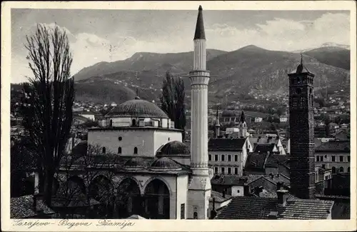 Ak Sarajevo Bosnien Herzegowina, Blick auf den Ort, Begova Dzamija, Minarett