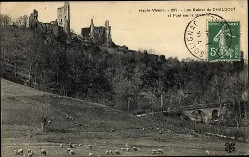 Ak Saint-Jean-Ligoure Haute Vienne, Chateau de Chalucet, Ruines, Pont sur la Briance