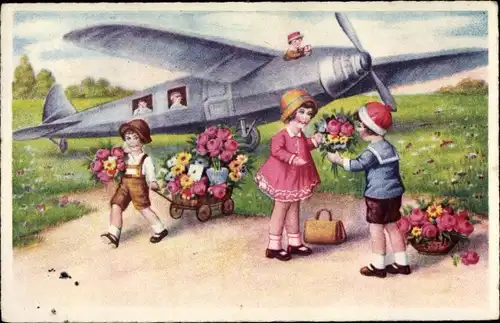 Ak Kinder mit Blumensträußen, Handwagen mit Blumen, Flugzeug