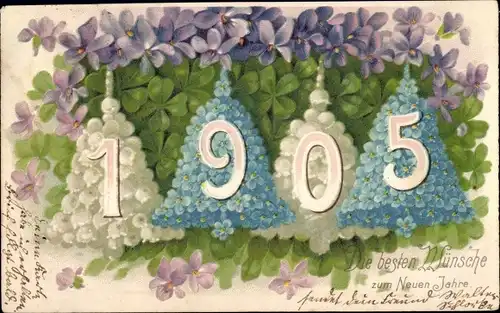 Präge Ak Glückwunsch Neujahr 1905, Glocken aus Vergissmeinnicht, Maiglöckchen, Klee, Veilchen