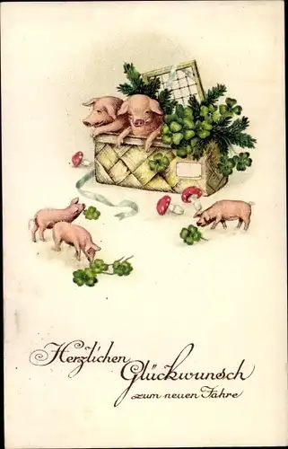 Ak Glückwunsch Neujahr, Korb mit Schweinen, Kleeblätter, Pilze