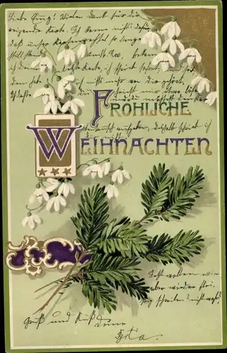 Präge Ak Frohe Weihnachten, Tannenzweig, Schneeglöckchen