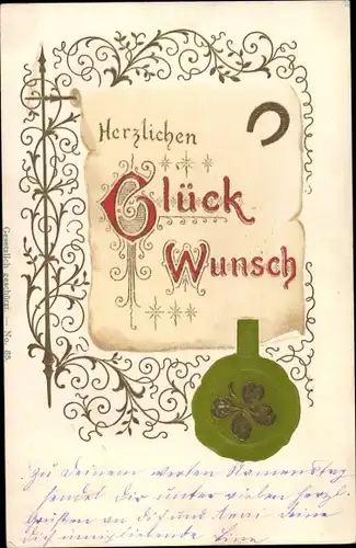 Präge Ak Glückwunsch, Kleeblatt, Siegel, Hufeisen