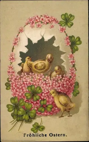 Präge Ak Glückwunsch Ostern, Küken, Eierschale, Kleeblätter, Blüten