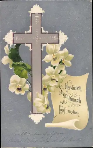 Präge Ak Glückwunsch Konfirmation, Kreuz, weiße Veilchen