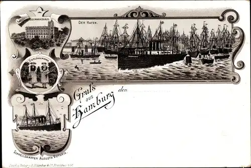 Litho Hamburg Mitte Altstadt, Jungfernstieg, Vierländerin, Seemannshaus, Hafen, Augusta Victoria