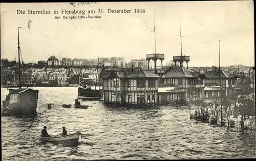 Ak Flensburg in Schleswig Holstein, Hochwasser 1904, Partie am Dampfschiffs Pavillon