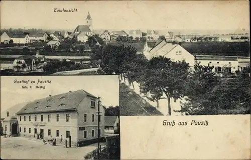 Ak Pausitz Riesa an der Elbe Sachsen, Totalansicht mit Kirche, Gasthof von O. Hettig