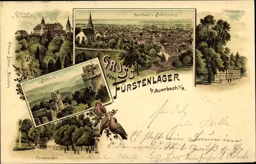Litho Auerbach Bensheim an der Bergstraße Hessen, Staatspark Fürstenlager, Herrenhaus, Schloss