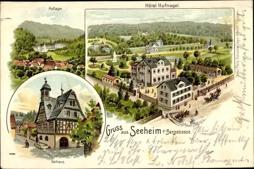 Litho Seeheim Jugenheim an der Bergstraße, Rathaus, Hoflager, Hotel Hufnagel