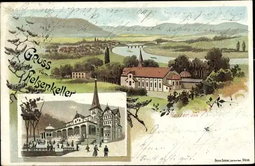 Litho Höxter in Nordrhein Westfalen, Gastwirtschaft Felsenkeller, Panorama vom Ort