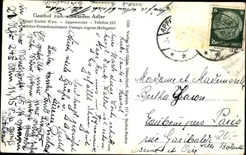 Ak Appenweier in Baden Schwarzwald, Gasthof zum schwarzen Adler, Ernst Kiefer