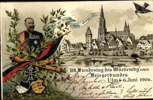 Litho Ulm an der Donau Baden Württemberg, XVII Bundestag Württemb. Kriegerbund 1904, Münster