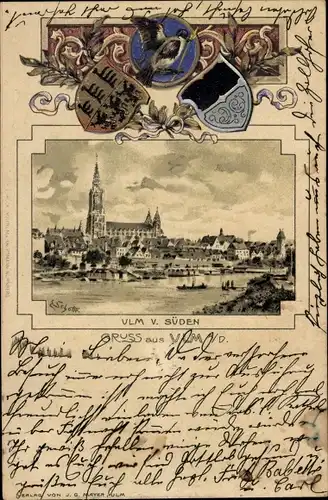 Wappen Künstler Litho Schotte, Ulm an der Donau, Blick auf den Ort, Münster