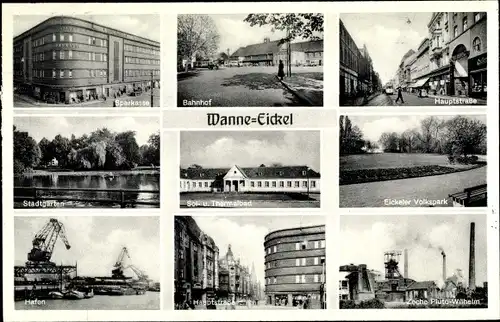 Ak Wanne Eickel Herne, Zeche Pluto Wilhelm, Bahnhof, Sparkasse, Stadtgarten, Hafen, Volkspark