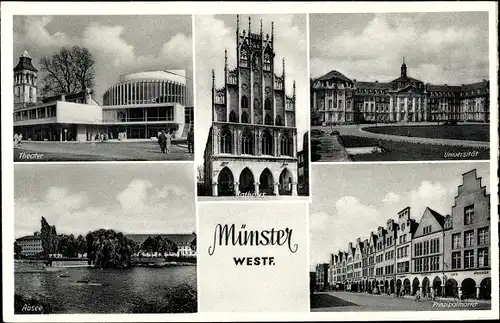 Ak Münster in Westfalen, Theater, Universität, Rathaus, Aasee, Prinzipalmarkt