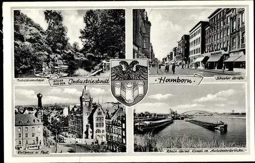 Ak Hamborn Duisburg im Ruhrgebiet, Jubiläumshain, Rathaus, Post, Brücke, Wappen