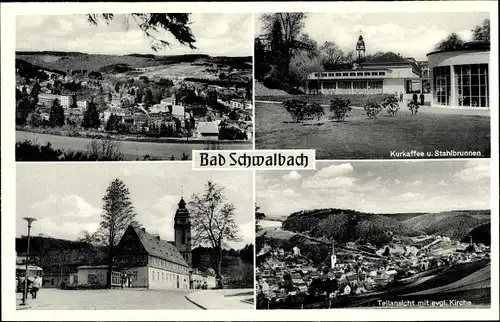 Ak Bad Schwalbach, Kurkaffee und Stahlbrunnen, Teilansicht, evangel. Kirche