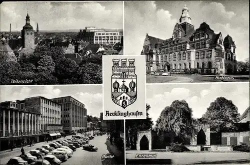 Ak Recklinghausen im Ruhrgebiet, Rathaus, Teilansicht, Markt, Ehrenmal