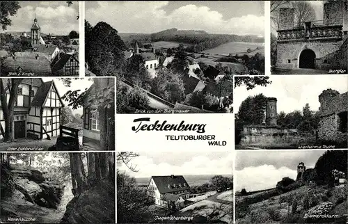 Ak Tecklenburg in NRW, Blick von der Burgmauer, Jugendherberge, Bismarckturm, Wierturm und Ruine