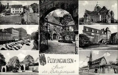 Ak Recklinghausen im Ruhrgebiet, Lohtor, Markt, Ehrenmal, Rathaus, Berufsschule, Engelsburg, Saalbau
