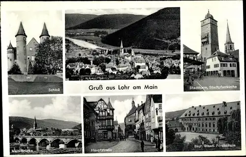 Ak Lohr am Main, Stadtturm, Pfarrkirche, Hauptstraße, Schloss, Mainbrücke