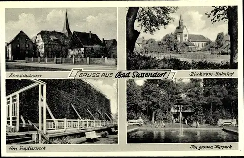 Ak Bad Sassendorf in Westfalen, Gradierwerk, Kirche v. Bahnhof gesehen, Kurpark, Bismarckstraße