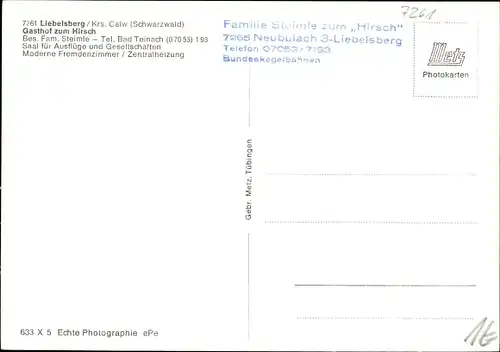 Ak Liebelsberg Neubulach im Schwarzwald, Gasthof zum Hirsch, Inh. Fam. Steimle