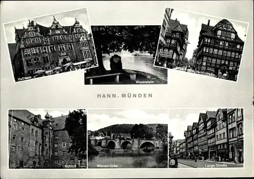 Ak Hann. Münden in Niedersachsen, Rathaus, Weserstein, Marktstraße, Schloss, Werrabrücke