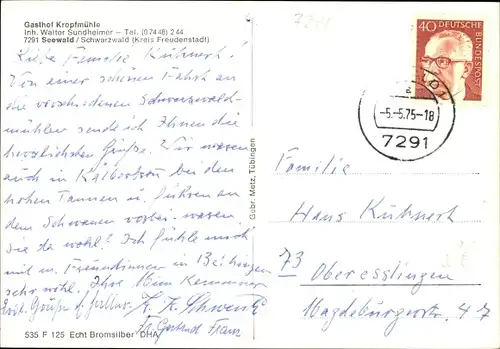 Ak Seewald im Schwarzwald, Gasthof Kropfmühle, Inh. Walter Sundheimer