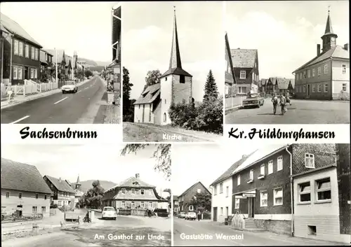 Ak Sachsenbrunn Eisfeld in Thüringen, Kirche, Gasthof zur Linde, Gaststätte Werratal